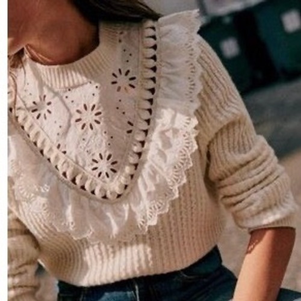 Sezane La Maille Merino Wool Eyelet Ruffle Sweater Ecru Cream S S222PUL111E